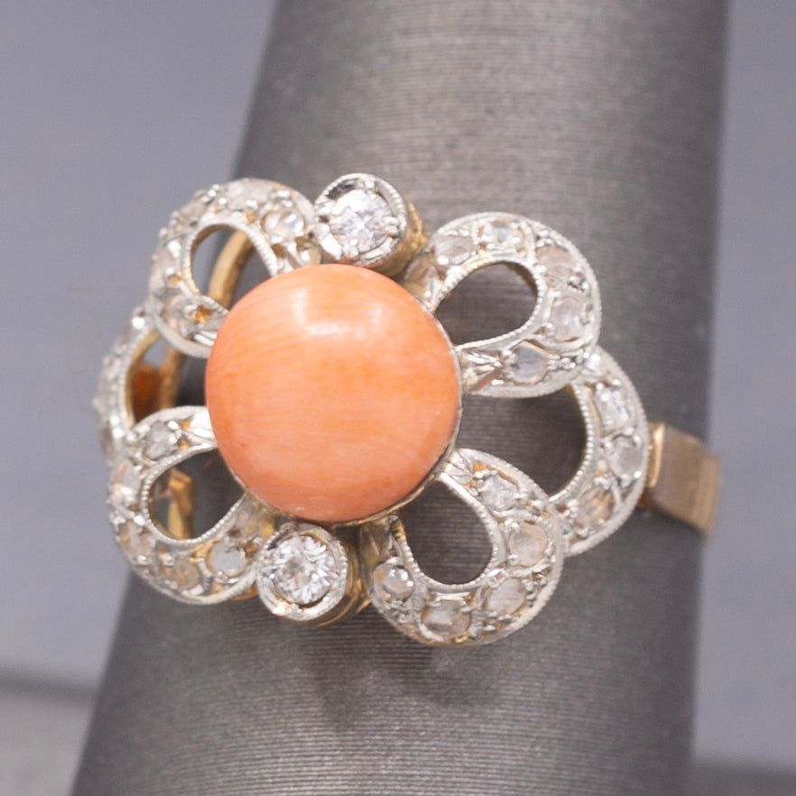 Edwardian Coral and Rose Cut Diamond Cocktail Ring in 14k Yellow Gold