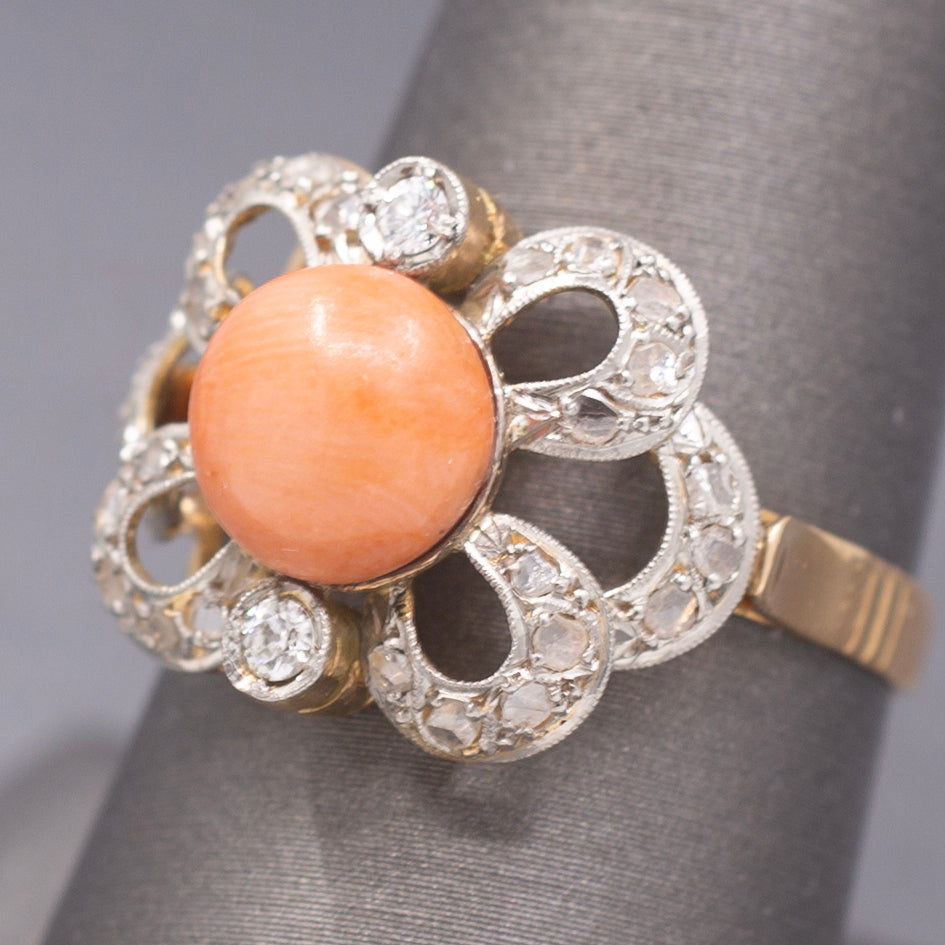 Edwardian Coral and Rose Cut Diamond Cocktail Ring in 14k Yellow Gold