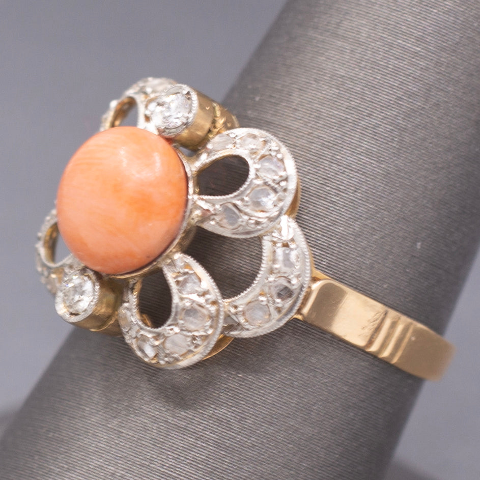 Edwardian Coral and Rose Cut Diamond Cocktail Ring in 14k Yellow Gold