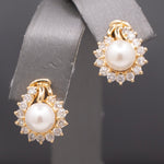 Creamy White Pearl and Diamond Halo Stud Earrings in 14k Yellow Gold