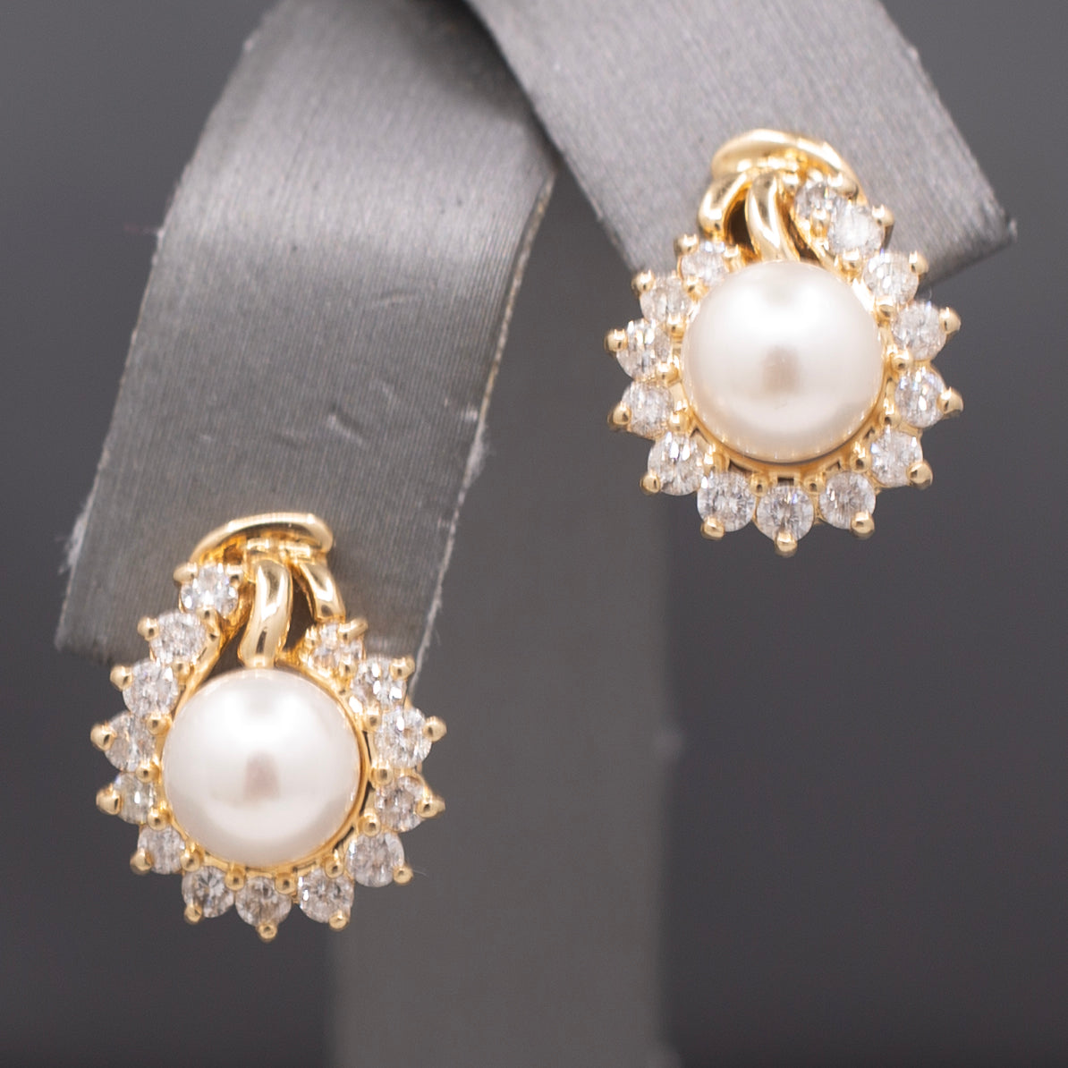 Creamy White Pearl and Diamond Halo Stud Earrings in 14k Yellow Gold