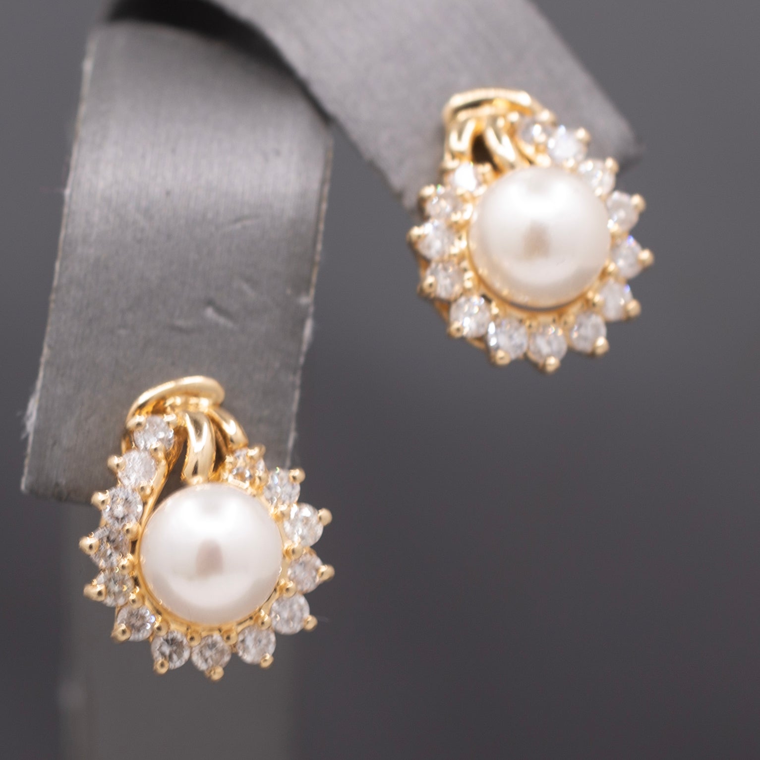 Creamy White Pearl and Diamond Halo Stud Earrings in 14k Yellow Gold
