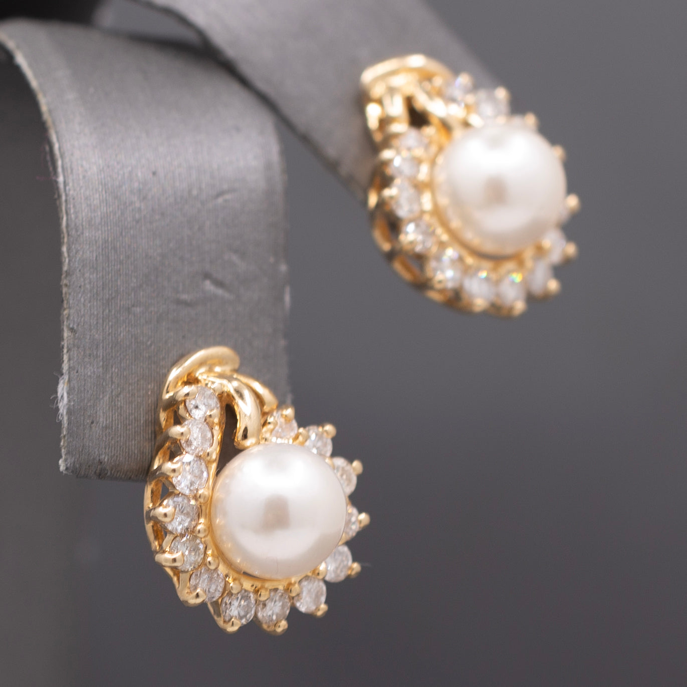 Creamy White Pearl and Diamond Halo Stud Earrings in 14k Yellow Gold
