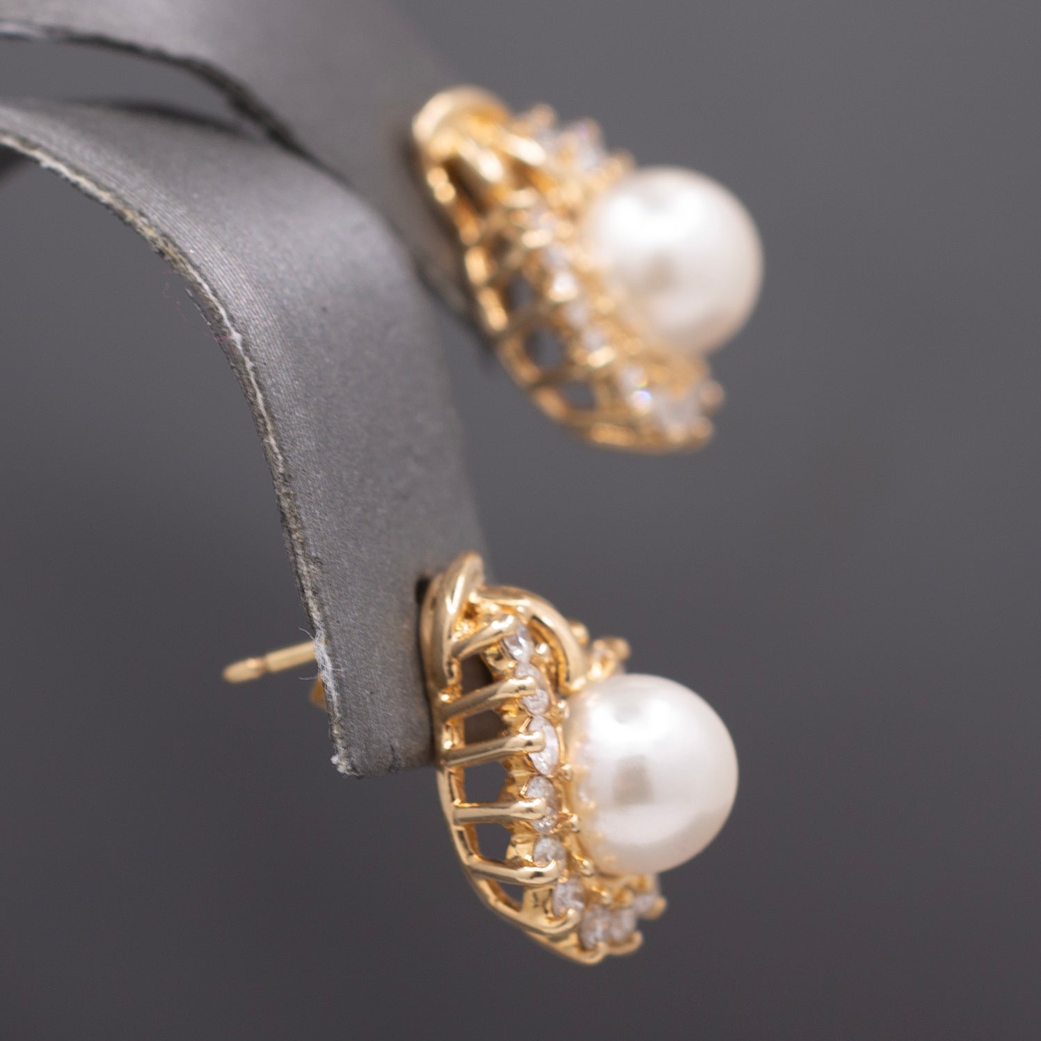 Creamy White Pearl and Diamond Halo Stud Earrings in 14k Yellow Gold