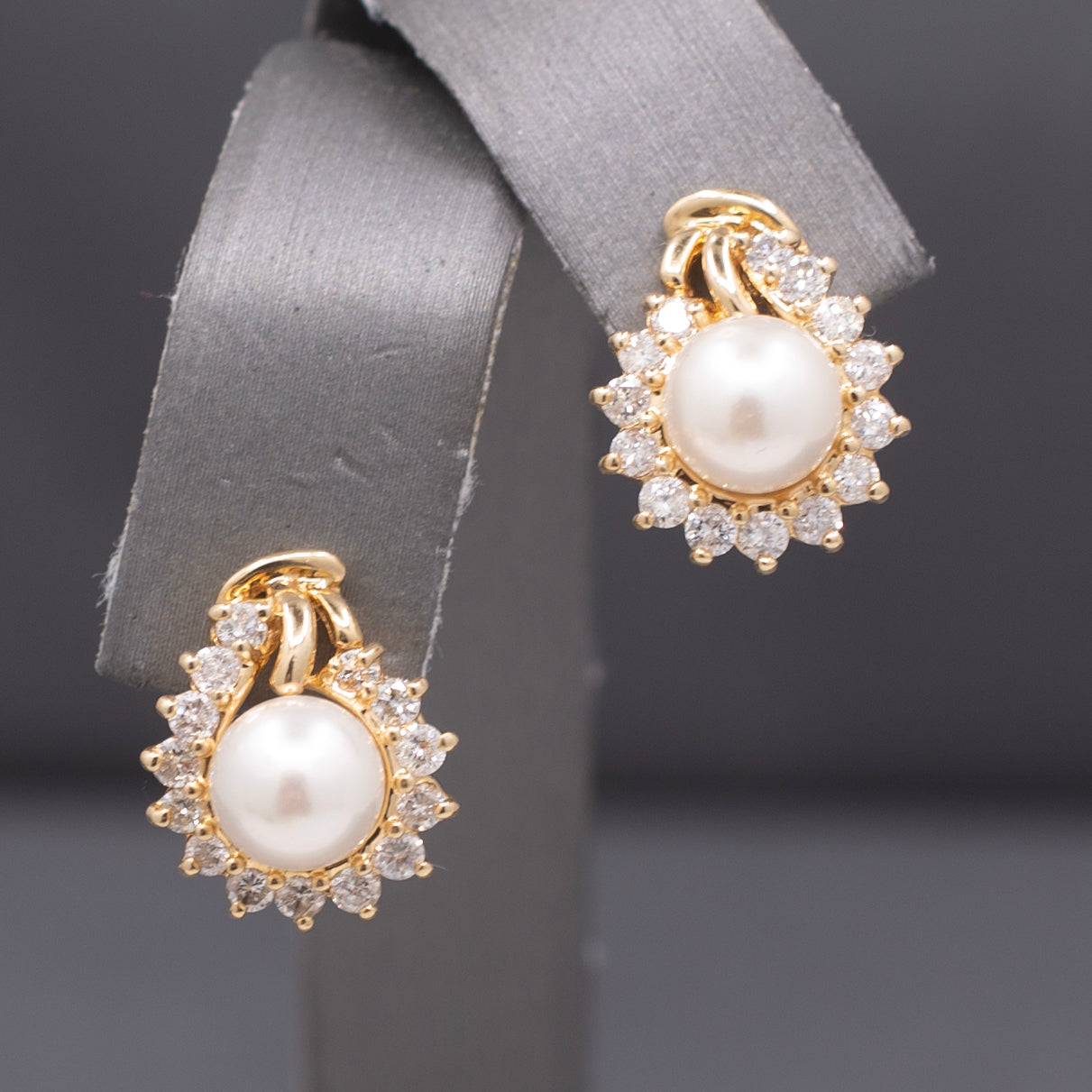 Creamy White Pearl and Diamond Halo Stud Earrings in 14k Yellow Gold