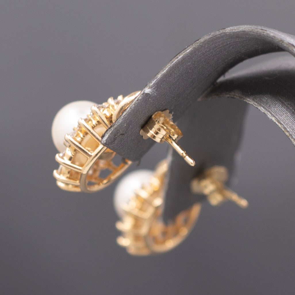 Creamy White Pearl and Diamond Halo Stud Earrings in 14k Yellow Gold