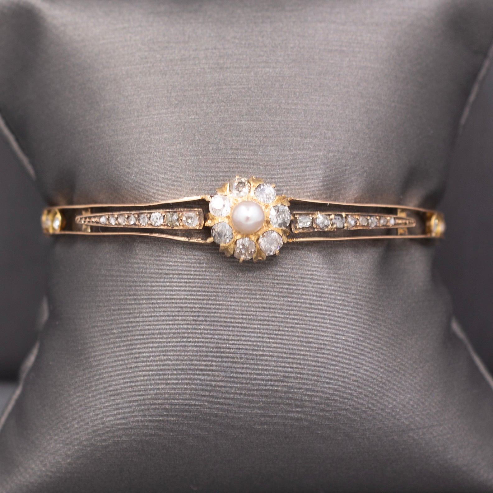 Victorian Dainty Pearl Old Mine & Rose Cut Diamond Bangle Bracelet in 10k Rose Gold