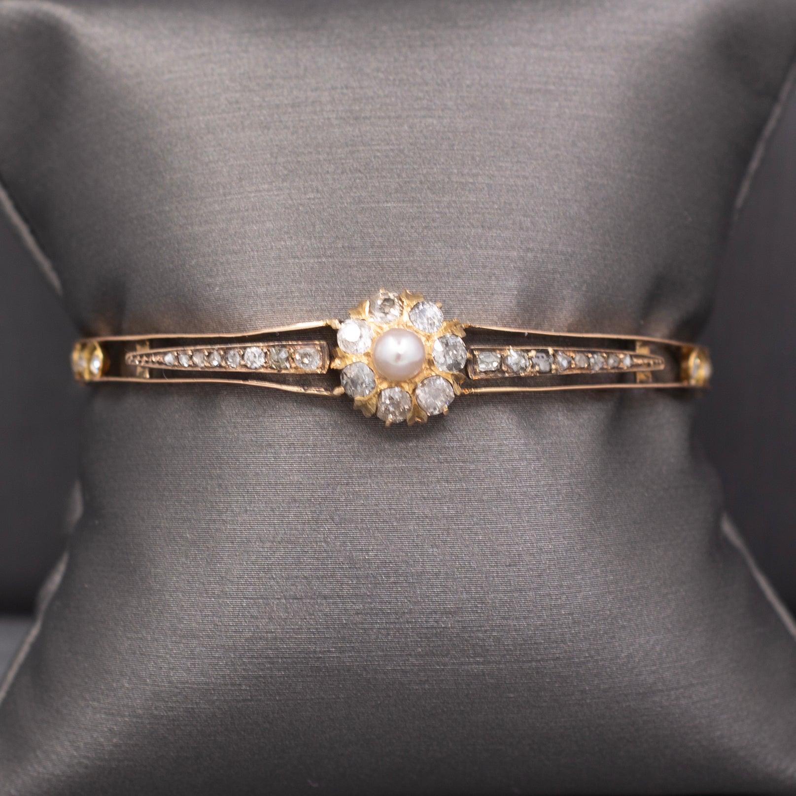 Victorian Dainty Pearl Old Mine & Rose Cut Diamond Bangle Bracelet in 10k Rose Gold