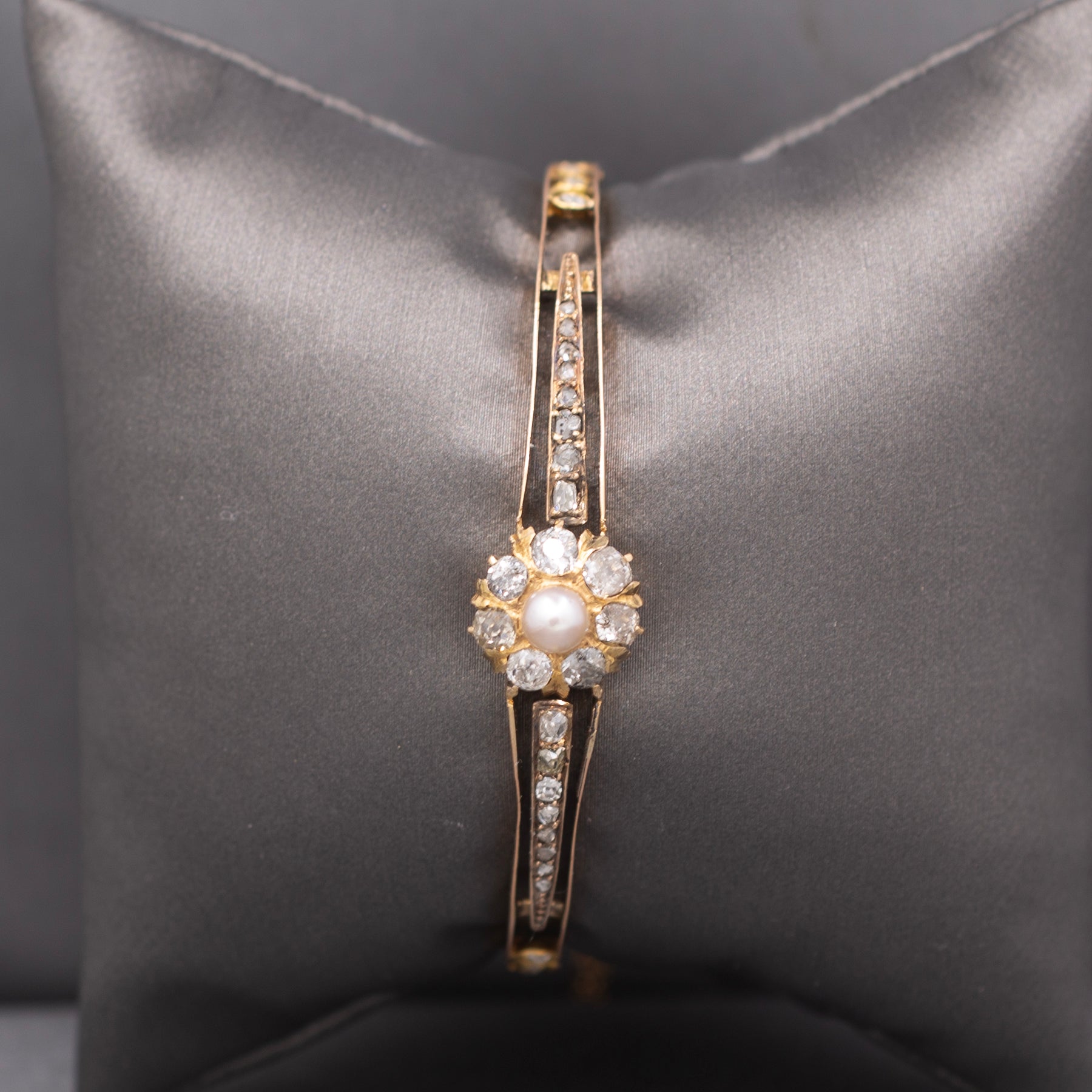 Victorian Dainty Pearl Old Mine & Rose Cut Diamond Bangle Bracelet in 10k Rose Gold