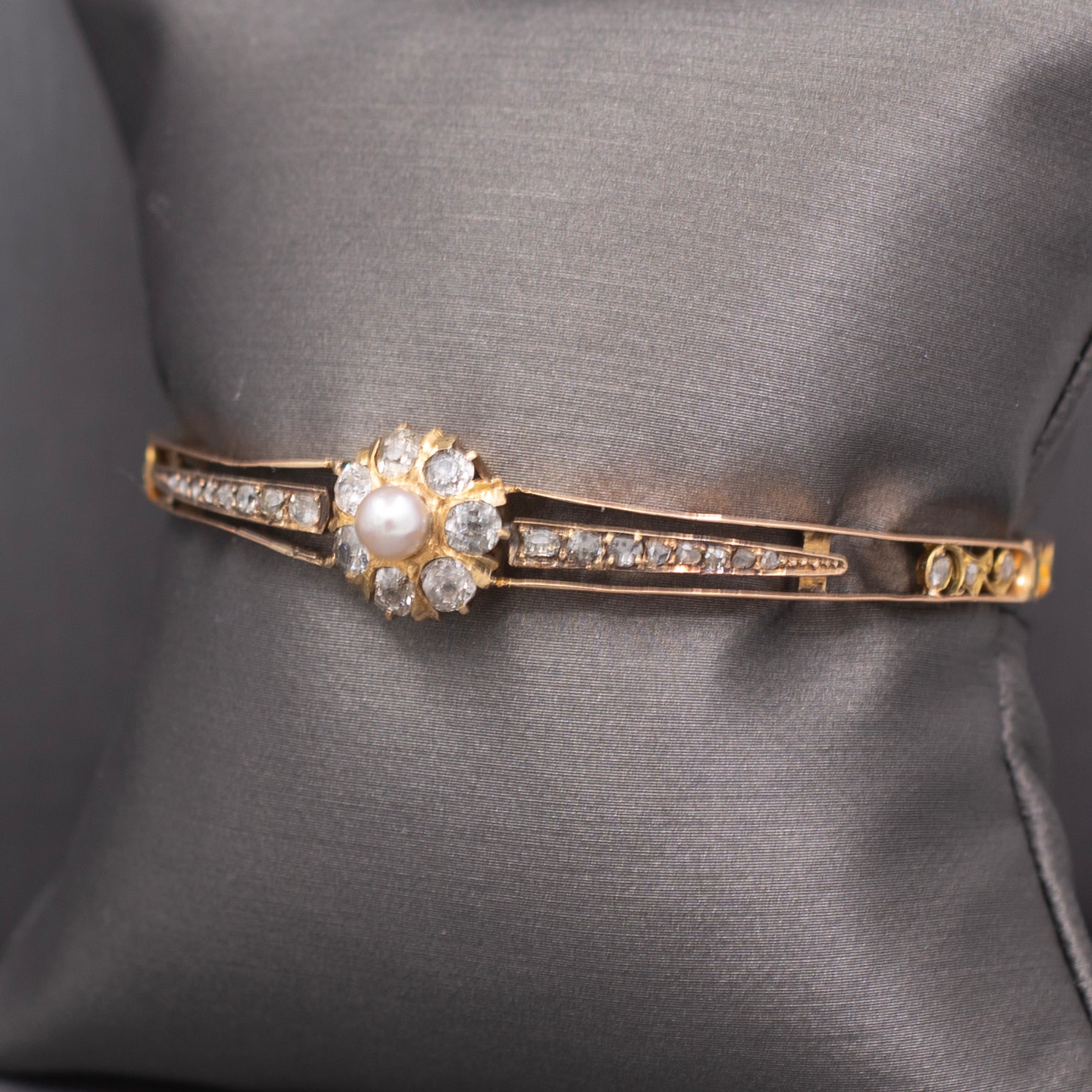 Victorian Dainty Pearl Old Mine & Rose Cut Diamond Bangle Bracelet in 10k Rose Gold