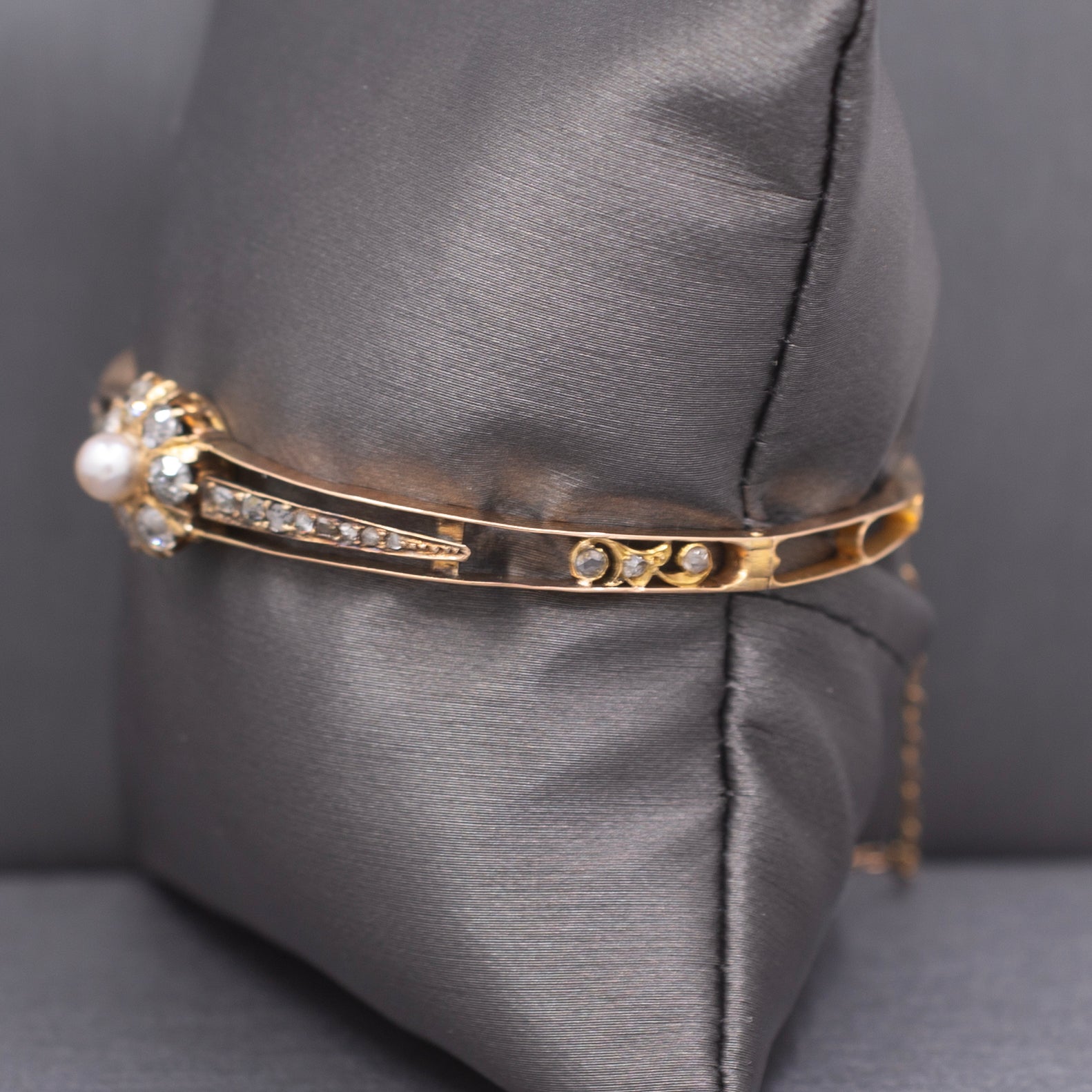 Victorian Dainty Pearl Old Mine & Rose Cut Diamond Bangle Bracelet in 10k Rose Gold