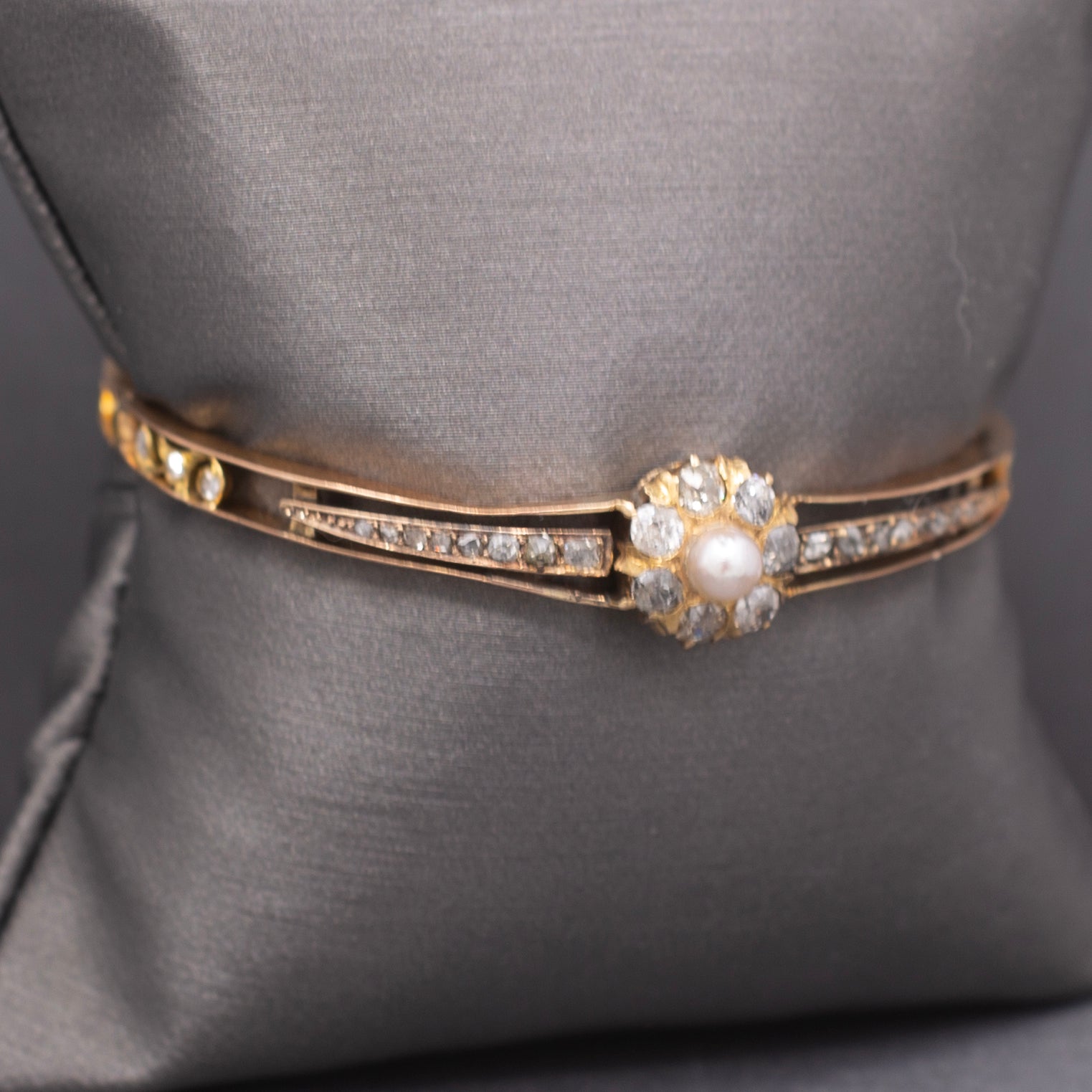 Victorian Dainty Pearl Old Mine & Rose Cut Diamond Bangle Bracelet in 10k Rose Gold