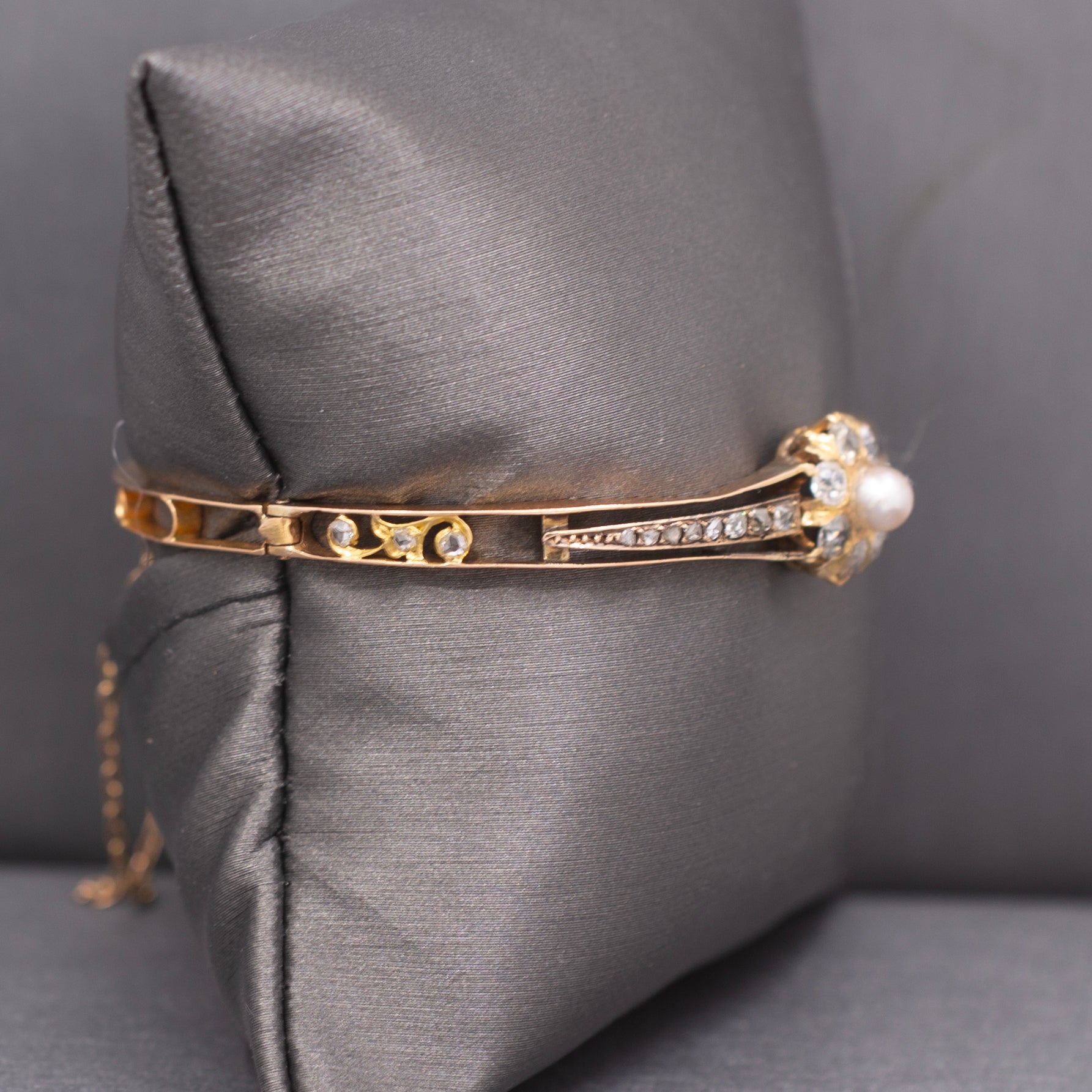Victorian Dainty Pearl Old Mine & Rose Cut Diamond Bangle Bracelet in 10k Rose Gold