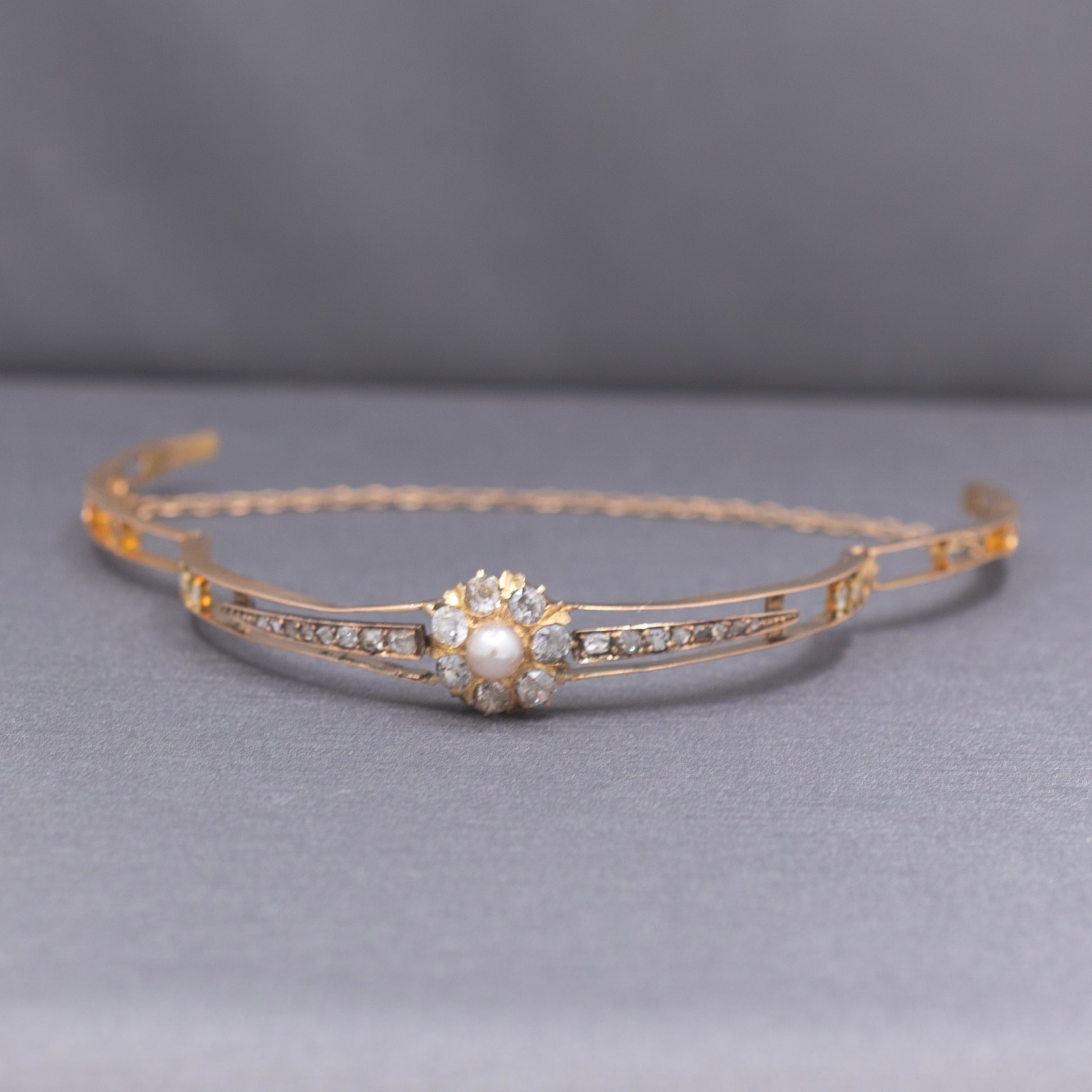 Victorian Dainty Pearl Old Mine & Rose Cut Diamond Bangle Bracelet in 10k Rose Gold
