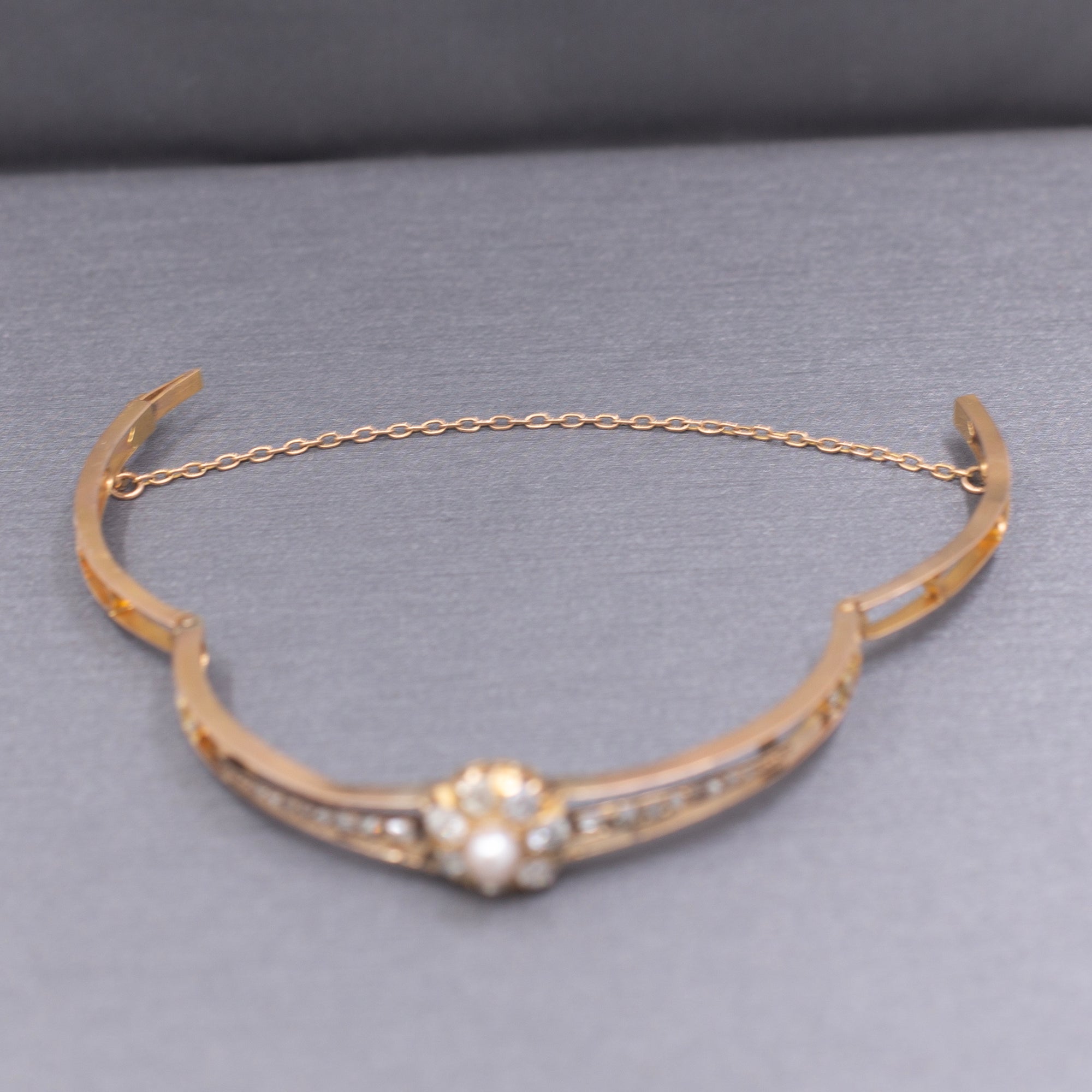 Victorian Dainty Pearl Old Mine & Rose Cut Diamond Bangle Bracelet in 10k Rose Gold
