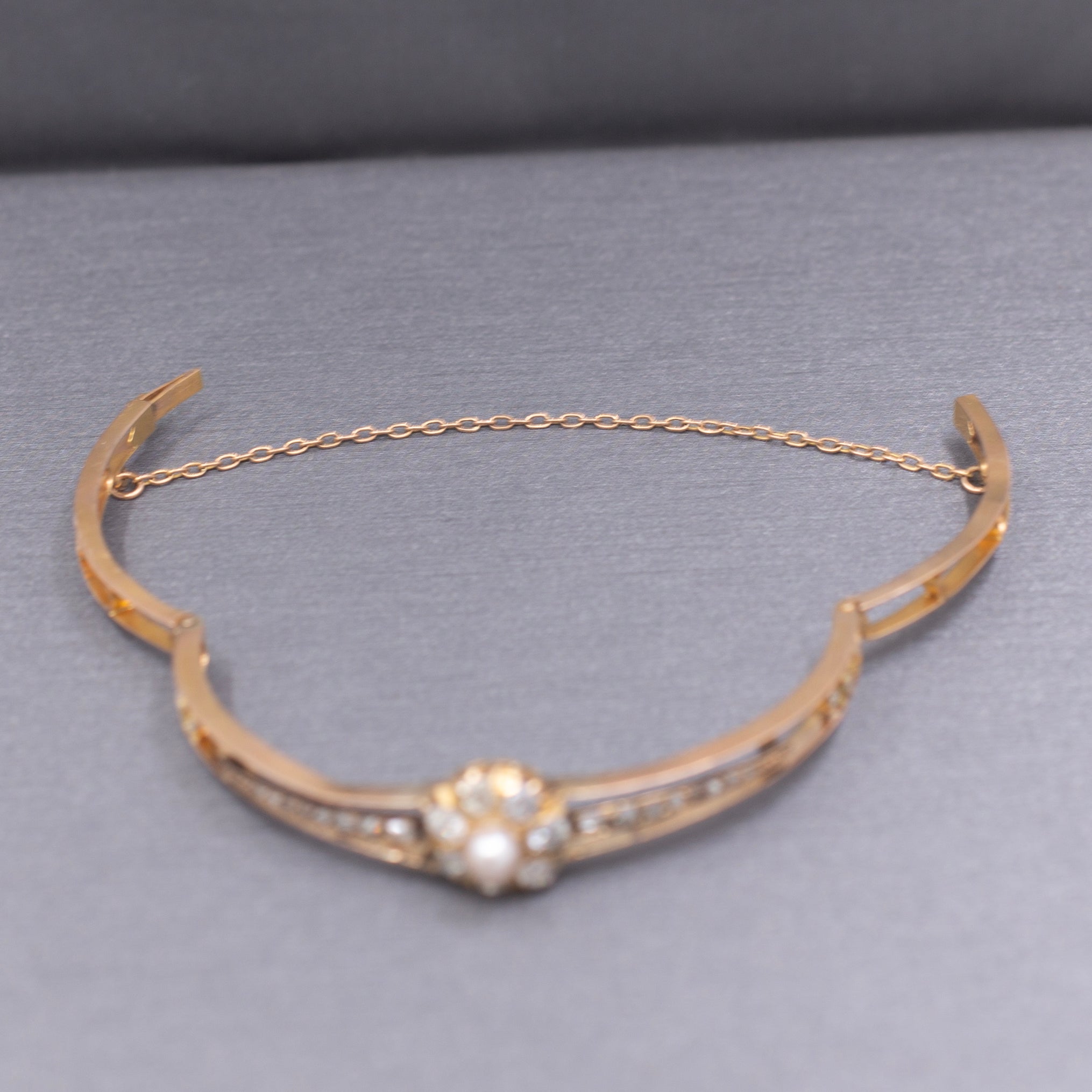 Victorian Dainty Pearl Old Mine & Rose Cut Diamond Bangle Bracelet in 10k Rose Gold