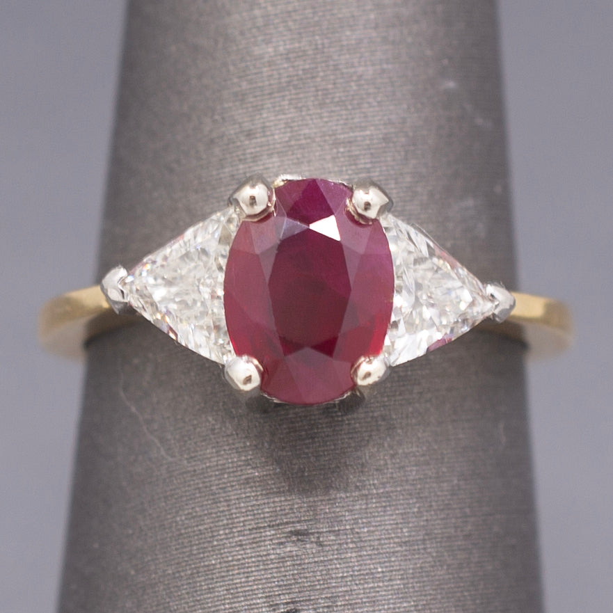 Classic Ruby and Trillion Cut Diamond Ring in 18k Yellow Gold