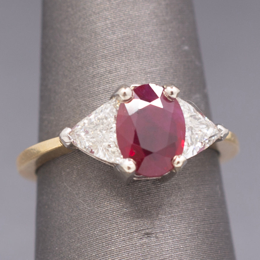 Classic Ruby and Trillion Cut Diamond Ring in 18k Yellow Gold