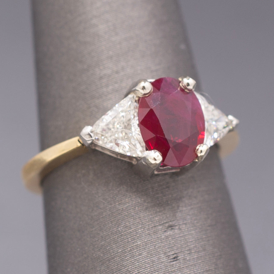 Classic Ruby and Trillion Cut Diamond Ring in 18k Yellow Gold