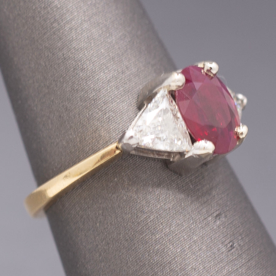 Classic Ruby and Trillion Cut Diamond Ring in 18k Yellow Gold