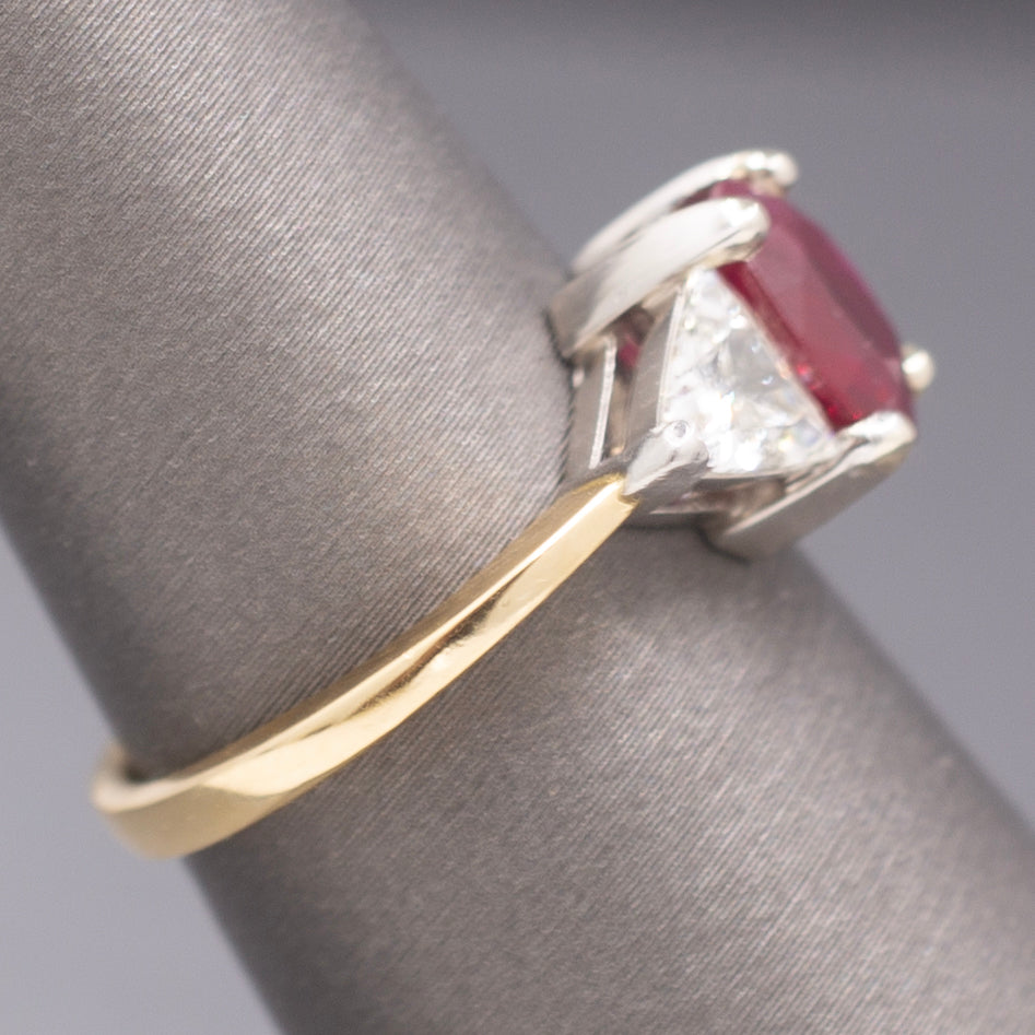 Classic Ruby and Trillion Cut Diamond Ring in 18k Yellow Gold