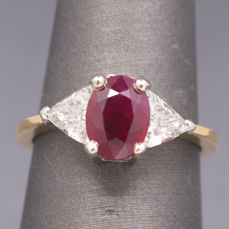 Classic Ruby and Trillion Cut Diamond Ring in 18k Yellow Gold