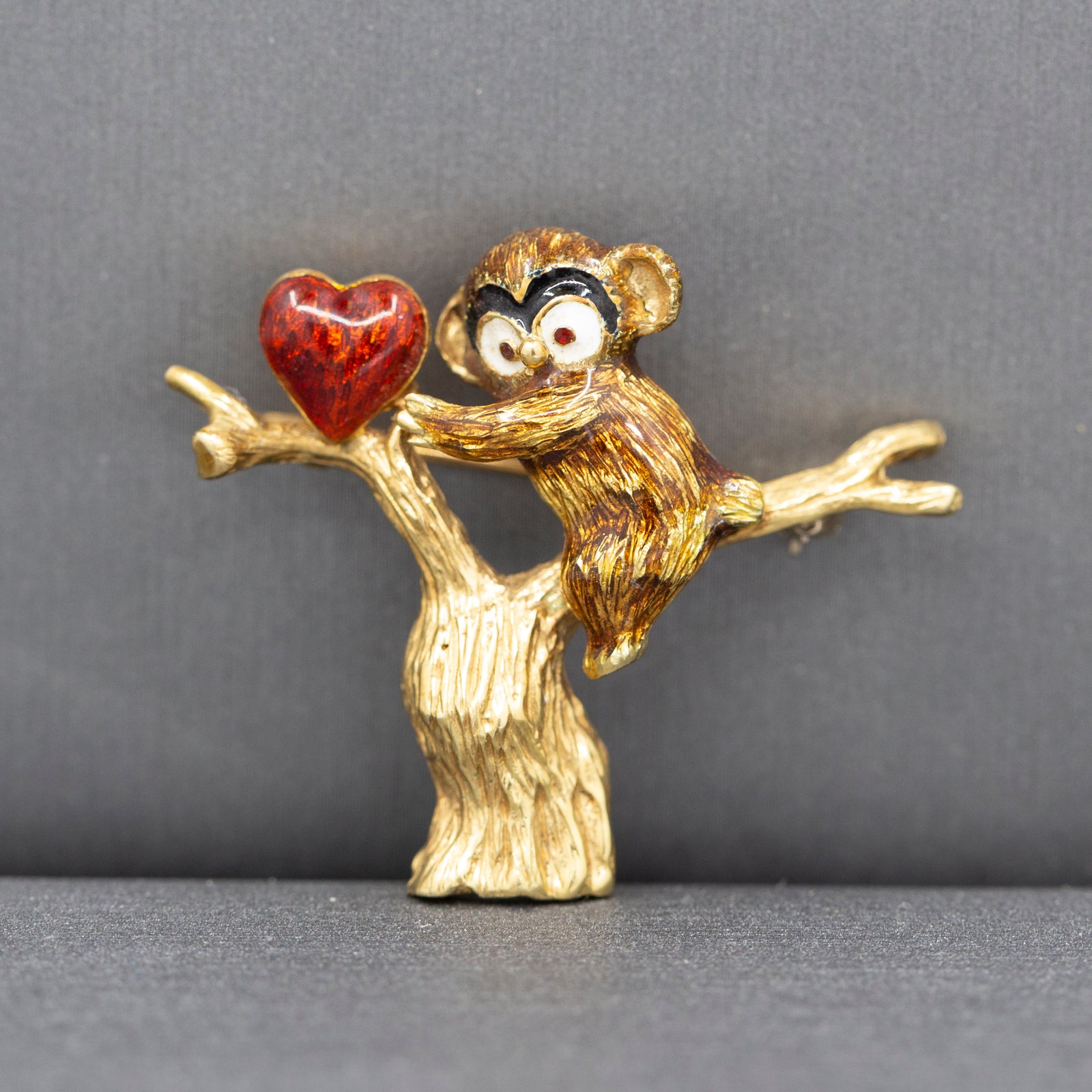 Loris Monkey Figural Heart I Love You Pin Brooch in Enamel and 14k Yellow Gold