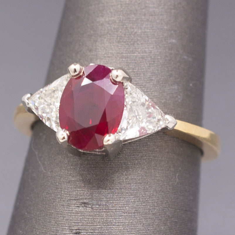 Classic Ruby and Trillion Cut Diamond Ring in 18k Yellow Gold