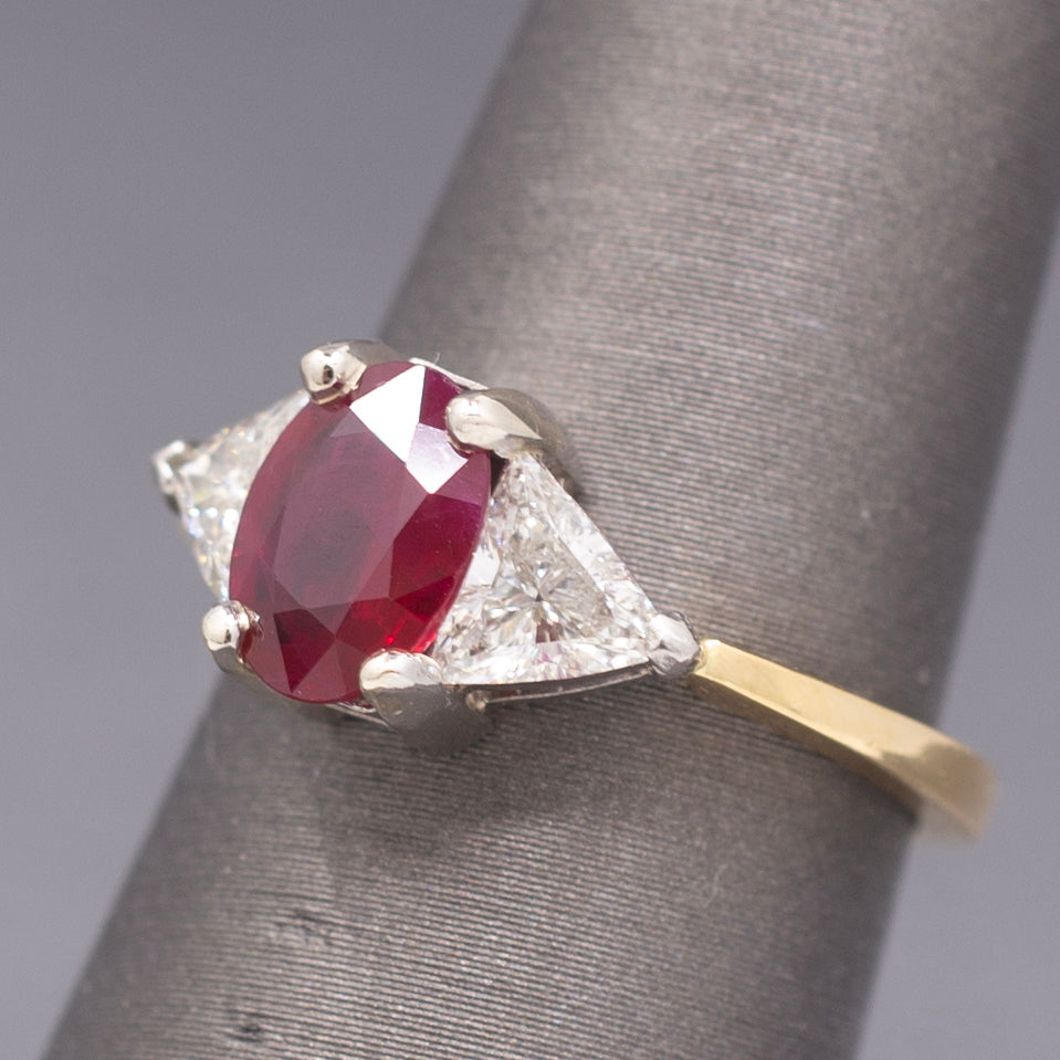 Classic Ruby and Trillion Cut Diamond Ring in 18k Yellow Gold