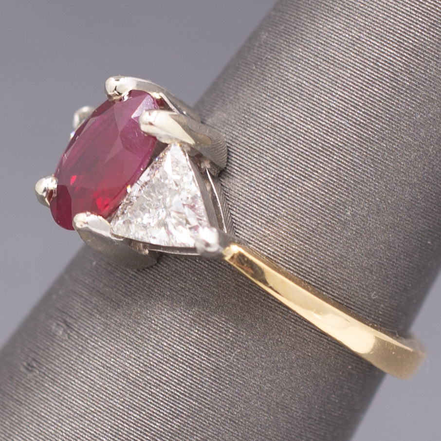 Classic Ruby and Trillion Cut Diamond Ring in 18k Yellow Gold