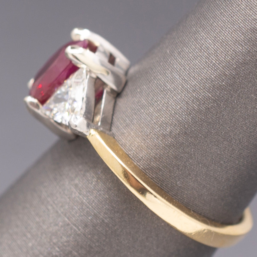 Classic Ruby and Trillion Cut Diamond Ring in 18k Yellow Gold