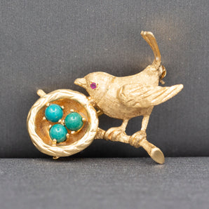 Vintage Ruby Eye Bird with Nest of Turquoise Eggs Brooch Pin in 14k Yellow Gold