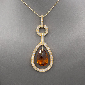 Outstanding Citrine Briolette and Diamond Frame Pendant Necklace in 14k Yellow Gold