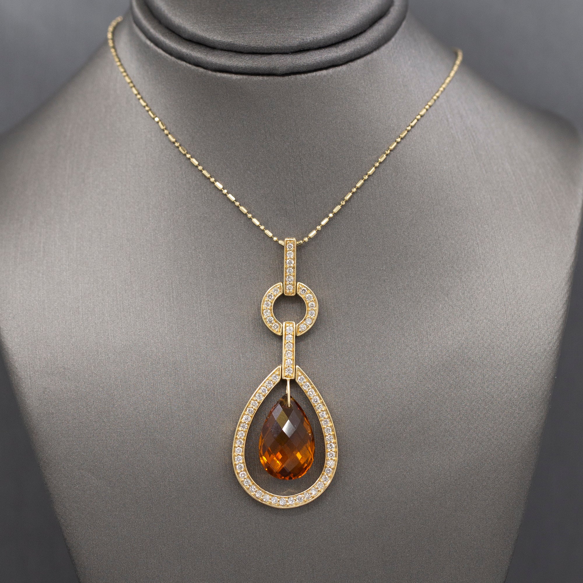 Outstanding Citrine Briolette and Diamond Frame Pendant Necklace in 14k Yellow Gold