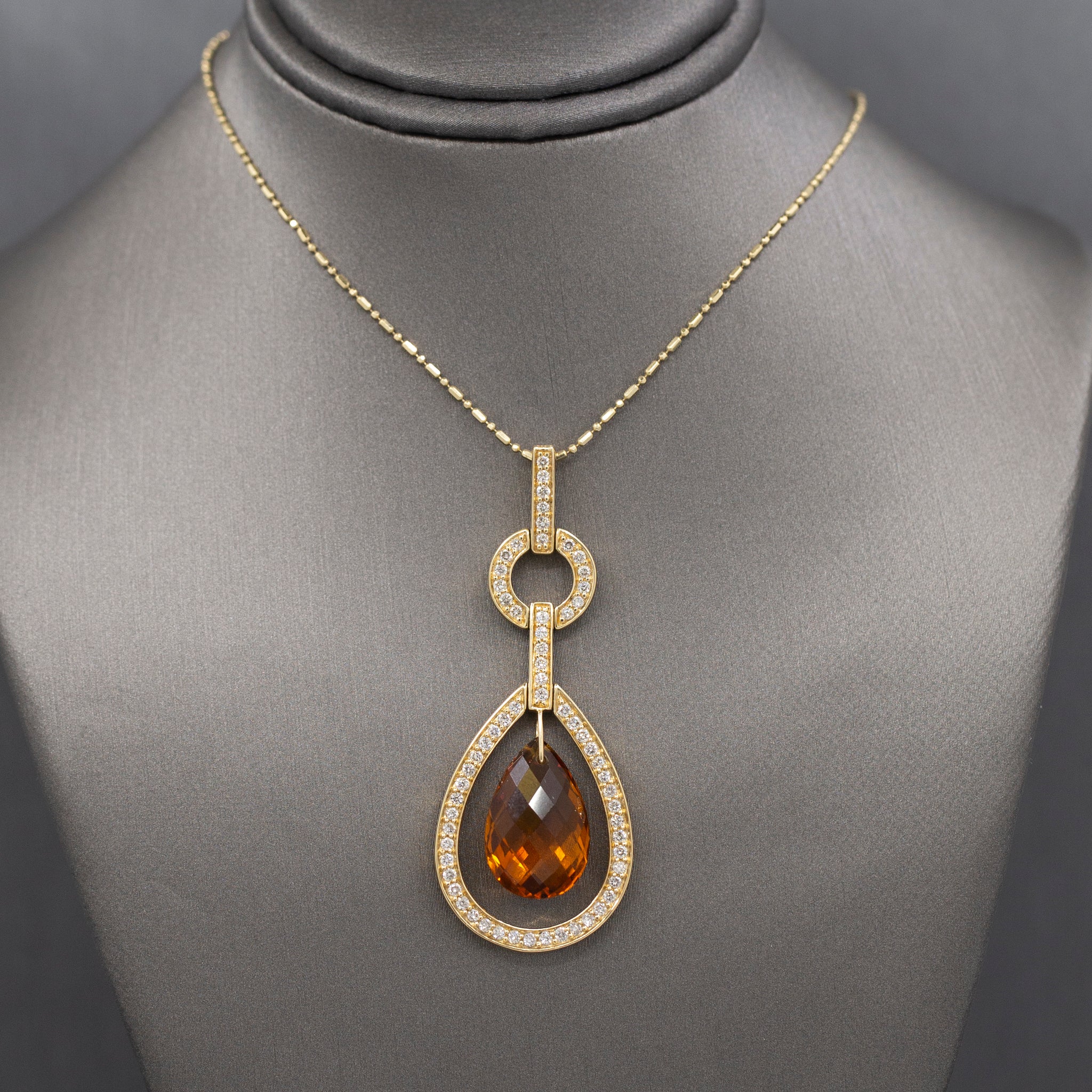 Outstanding Citrine Briolette and Diamond Frame Pendant Necklace in 14k Yellow Gold