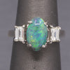 Exquisite Black Opal and Trapezoid Cut Diamond Three Stone Ring in Platinum