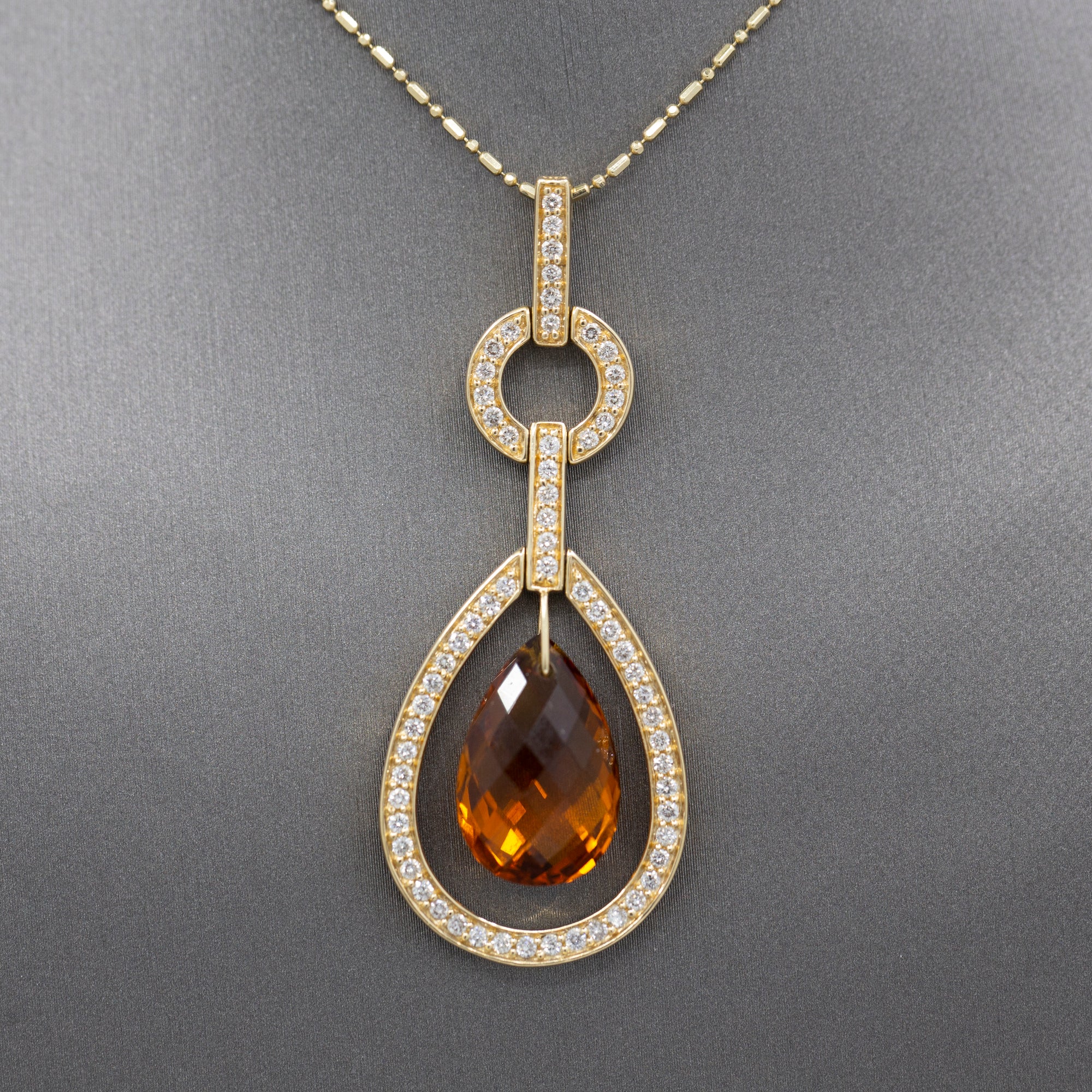 Outstanding Citrine Briolette and Diamond Frame Pendant Necklace in 14k Yellow Gold