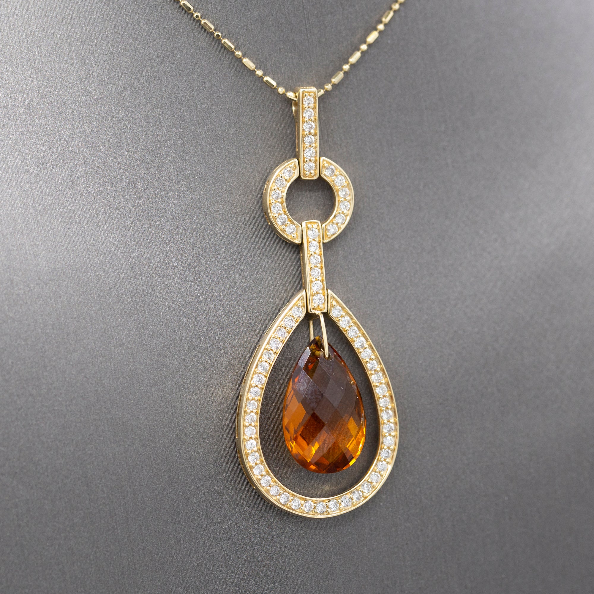 Outstanding Citrine Briolette and Diamond Frame Pendant Necklace in 14k Yellow Gold
