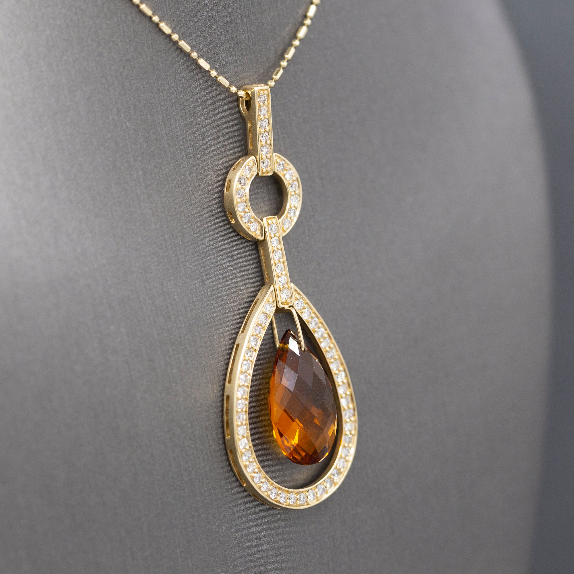 Outstanding Citrine Briolette and Diamond Frame Pendant Necklace in 14k Yellow Gold