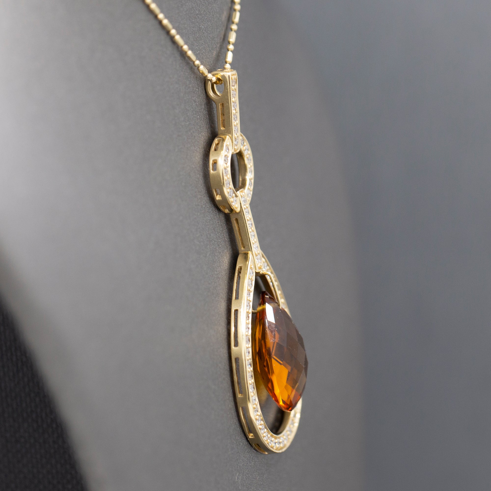Outstanding Citrine Briolette and Diamond Frame Pendant Necklace in 14k Yellow Gold