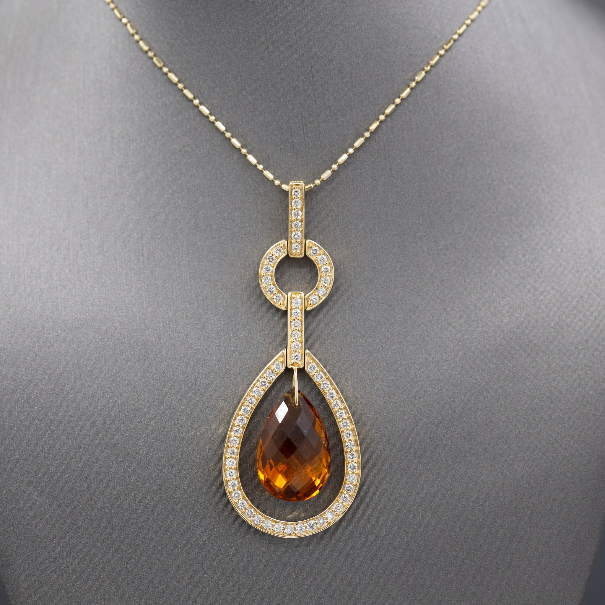 Outstanding Citrine Briolette and Diamond Frame Pendant Necklace in 14k Yellow Gold