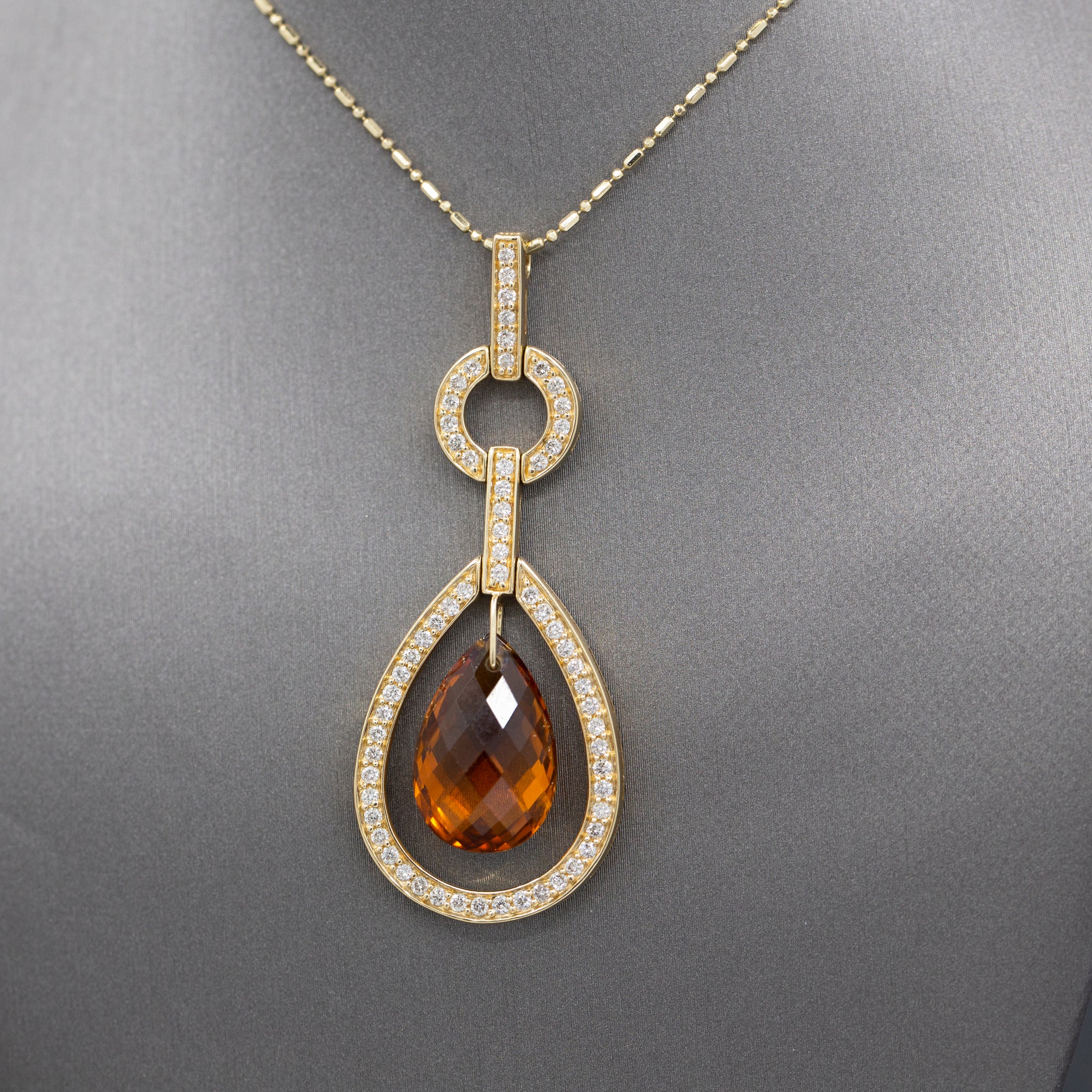 Outstanding Citrine Briolette and Diamond Frame Pendant Necklace in 14k Yellow Gold