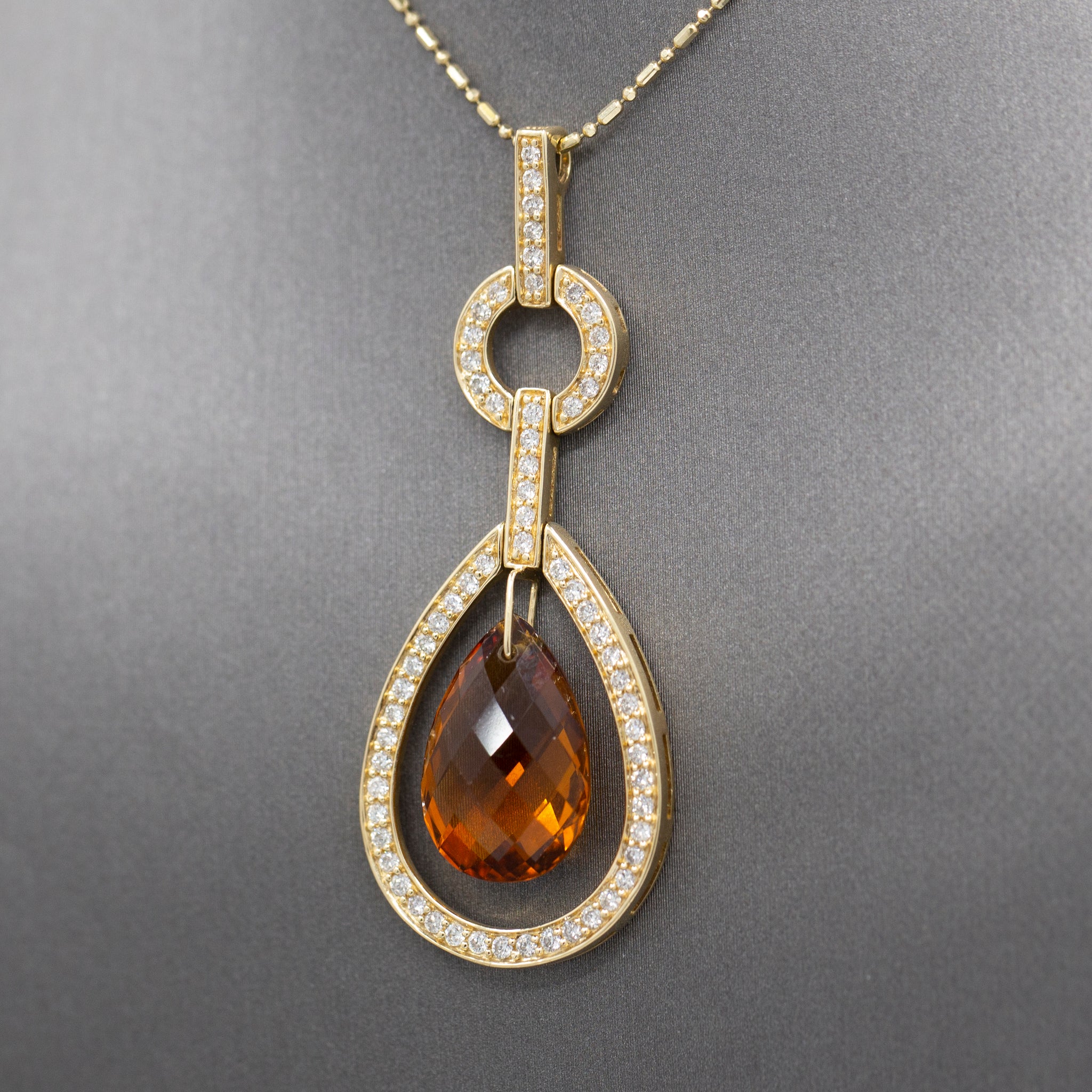 Outstanding Citrine Briolette and Diamond Frame Pendant Necklace in 14k Yellow Gold