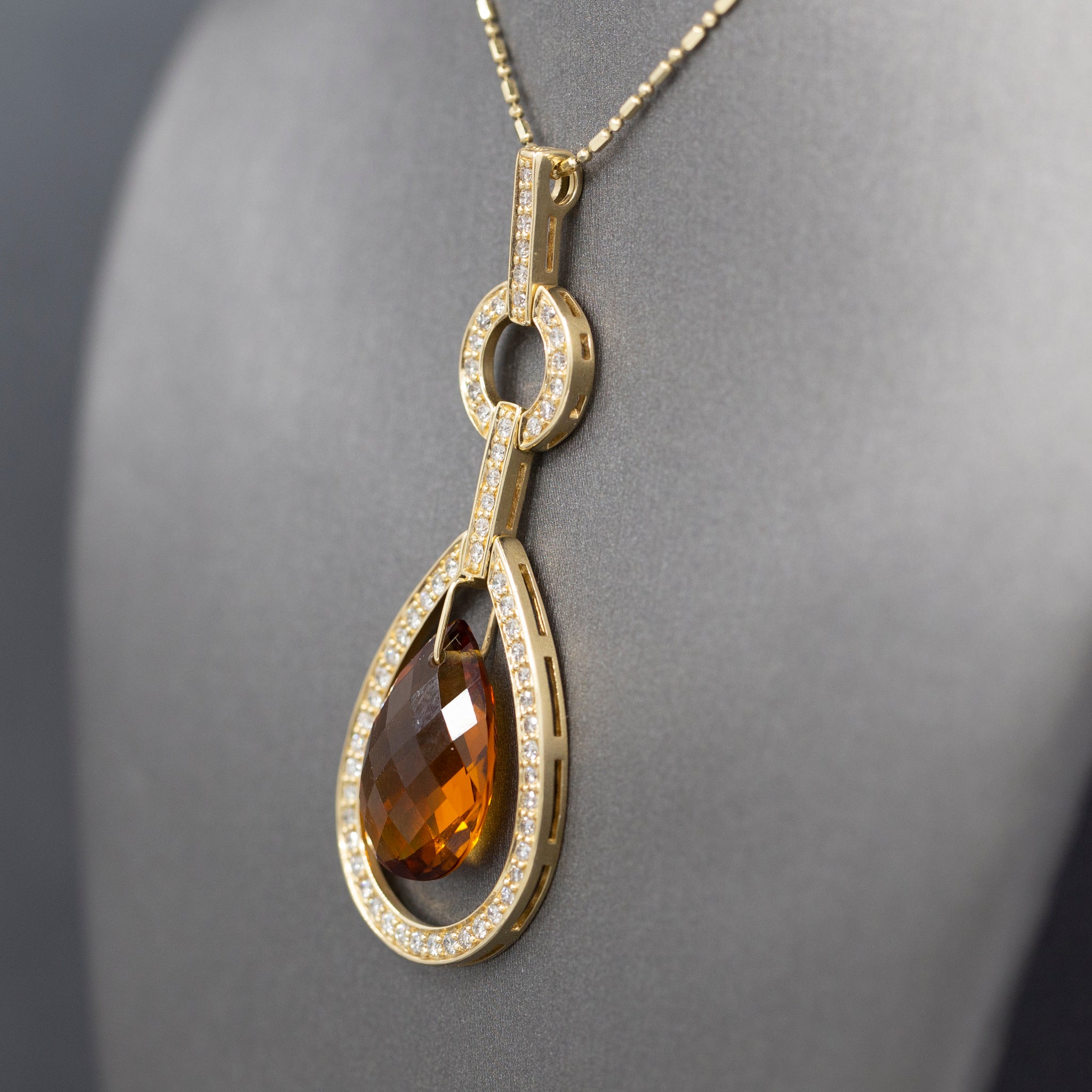 Outstanding Citrine Briolette and Diamond Frame Pendant Necklace in 14k Yellow Gold