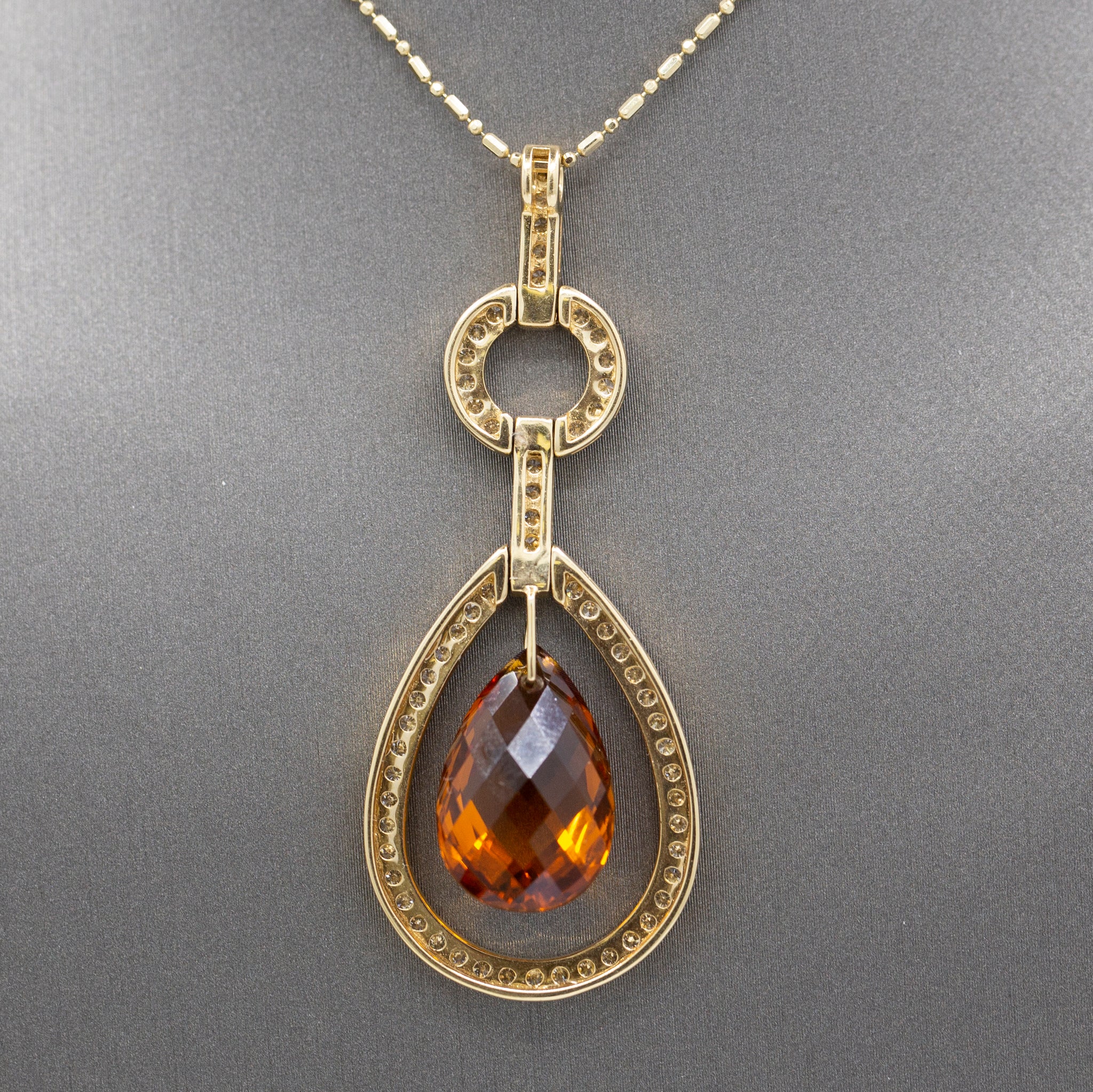 Outstanding Citrine Briolette and Diamond Frame Pendant Necklace in 14k Yellow Gold