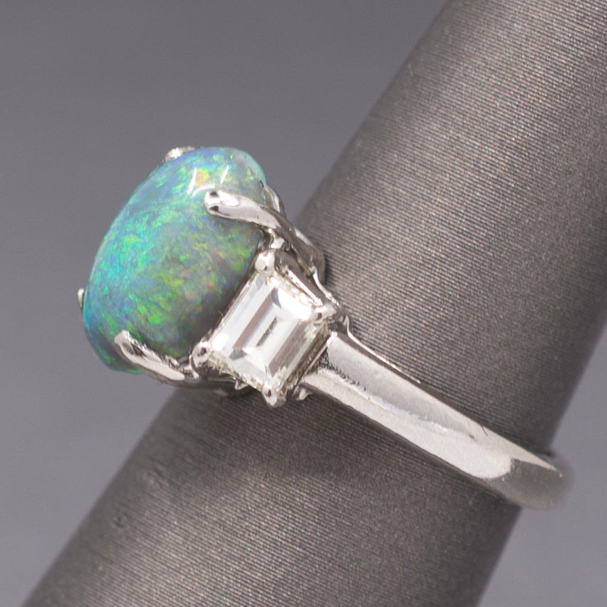 Exquisite Black Opal and Trapezoid Cut Diamond Three Stone Ring in Platinum