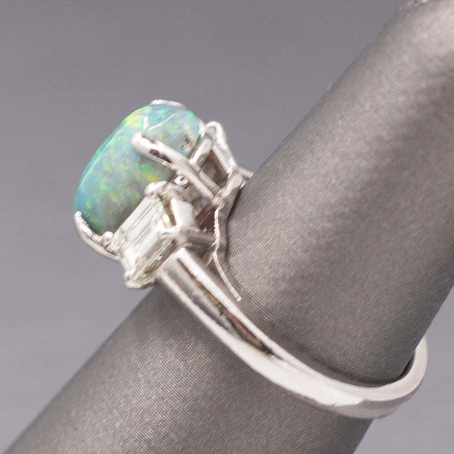 Exquisite Black Opal and Trapezoid Cut Diamond Three Stone Ring in Platinum