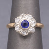 Art Deco Bezel Set Sapphire & Old European Cut Diamond Daisy Ring in 14k Yellow Gold