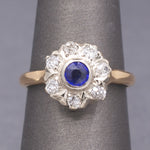 Art Deco Bezel Set Sapphire & Old European Cut Diamond Daisy Ring in 14k Yellow Gold
