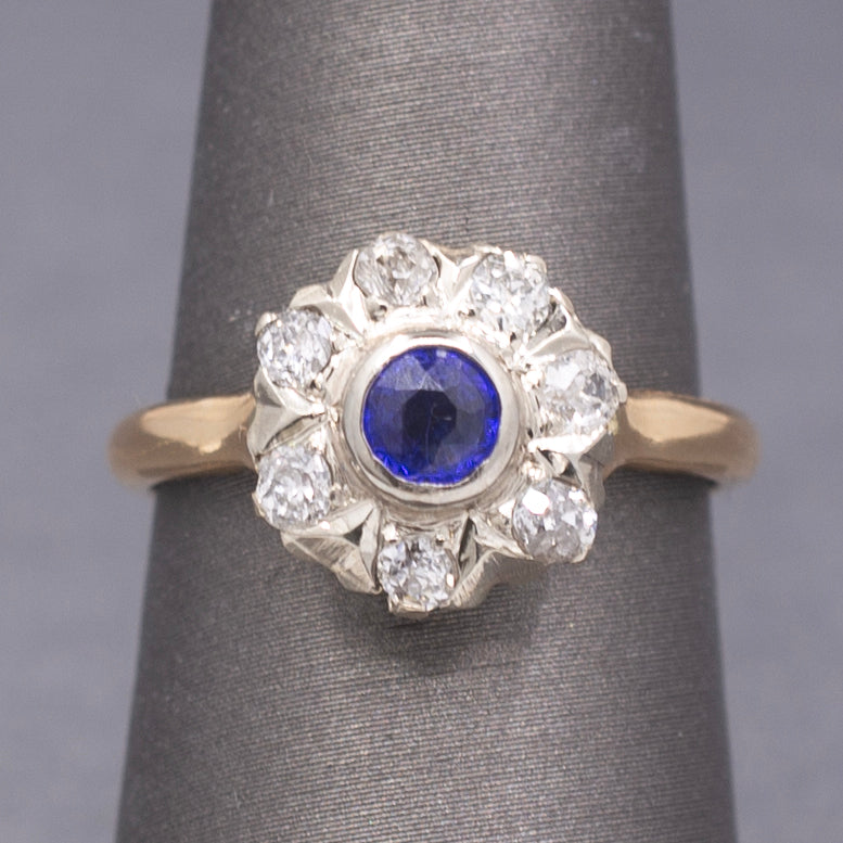 Art Deco Bezel Set Sapphire & Old European Cut Diamond Daisy Ring in 14k Yellow Gold